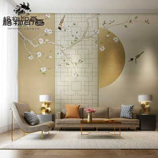 新中式窗格花鸟轻奢客厅卧室沙发电视背景墙布防水防潮3d自粘壁画