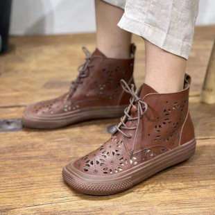 复古手工真皮镂空凉靴方头平底系带高帮洞洞女凉鞋 2021年夏季 新款