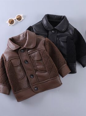 男童冬装2023年新款加绒皮衣保暖冬天衣服宝宝皮夹克冬季外套加厚