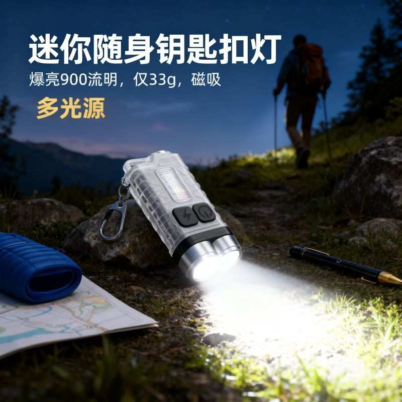 新款夜光led钥匙扣灯侧灯工作USB充电900流明迷你手握式手电筒