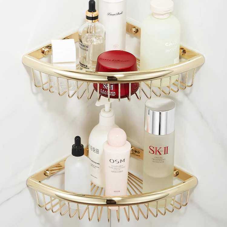 全铜卫生间三角篮浴室置物架墙上免打孔淋浴房厕所网篮收纳三角架