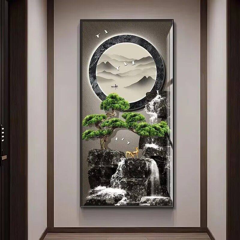 流水生财玄关装饰画山水迎客松入户走廊过道壁画客厅竖版墙上挂画