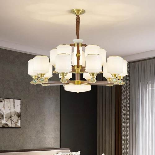 新中式大吊灯全铜胡桃木客厅灯别墅复式楼挑空楼中楼梯样板房灯具