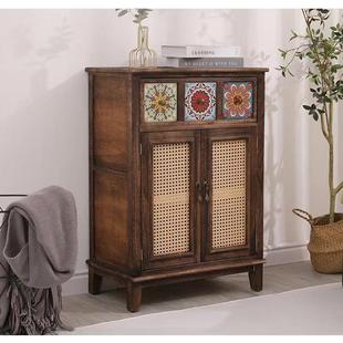 中g式 复古实FG木餐边藤编储物备柜客厅餐柜带门柜斗柜家用玄关茶