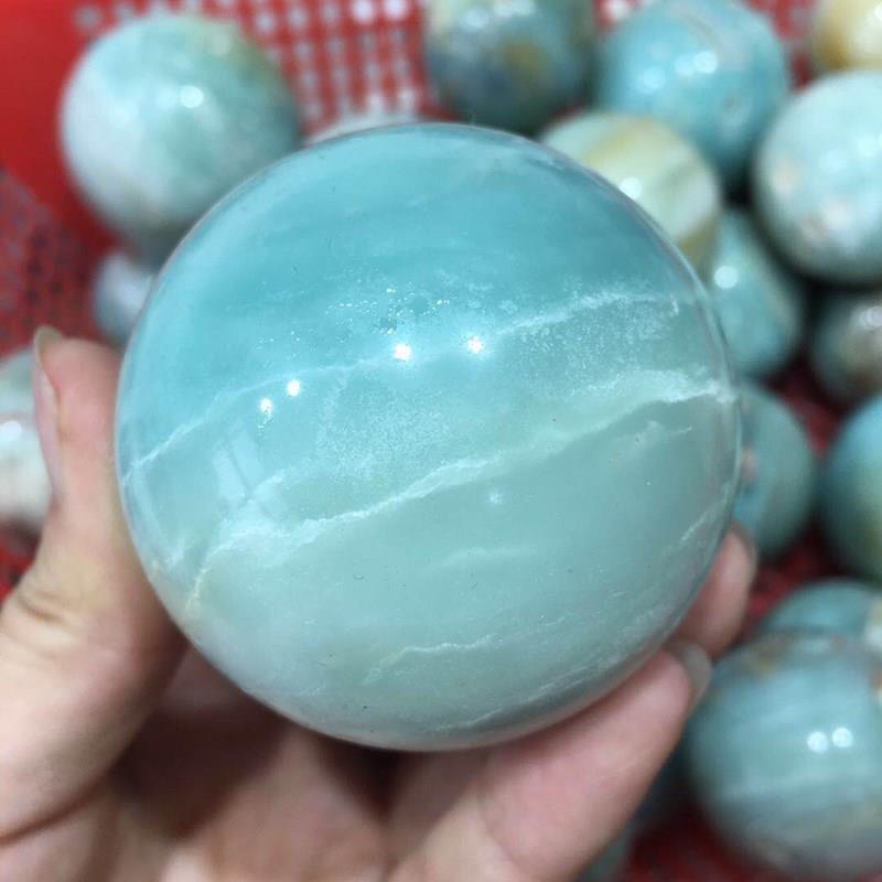 天然水晶球天空蓝 蓝色方解石家居摆件加勒比海纹方解石球