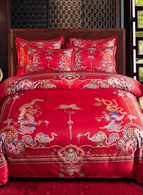 中式婚庆四件Qhsd6k6H套陪嫁喜被色红刺绣婚礼婚喜被套床单结婚床