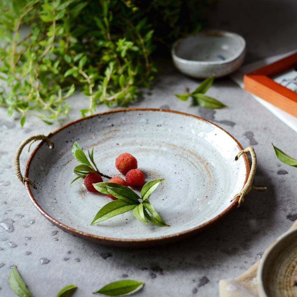 日式形创FED意餐具盘果手工盘粗陶盘家用复古做旧麻绳圆托盘菜汤