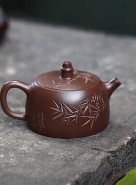 宜兴紫砂壶手工陶纯刻竹102255汉矿叶汉壶铎原紫砂茶具