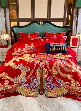 龙四凤被婚庆家纺红色件套结婚床上H1170用品陪嫁套婚端房布置高