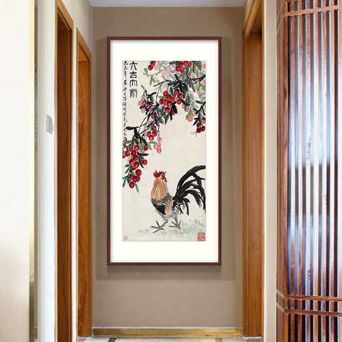 大吉大利新中式玄关墙面装饰画入户荔枝公鸡过道挂画走廊楼梯壁画