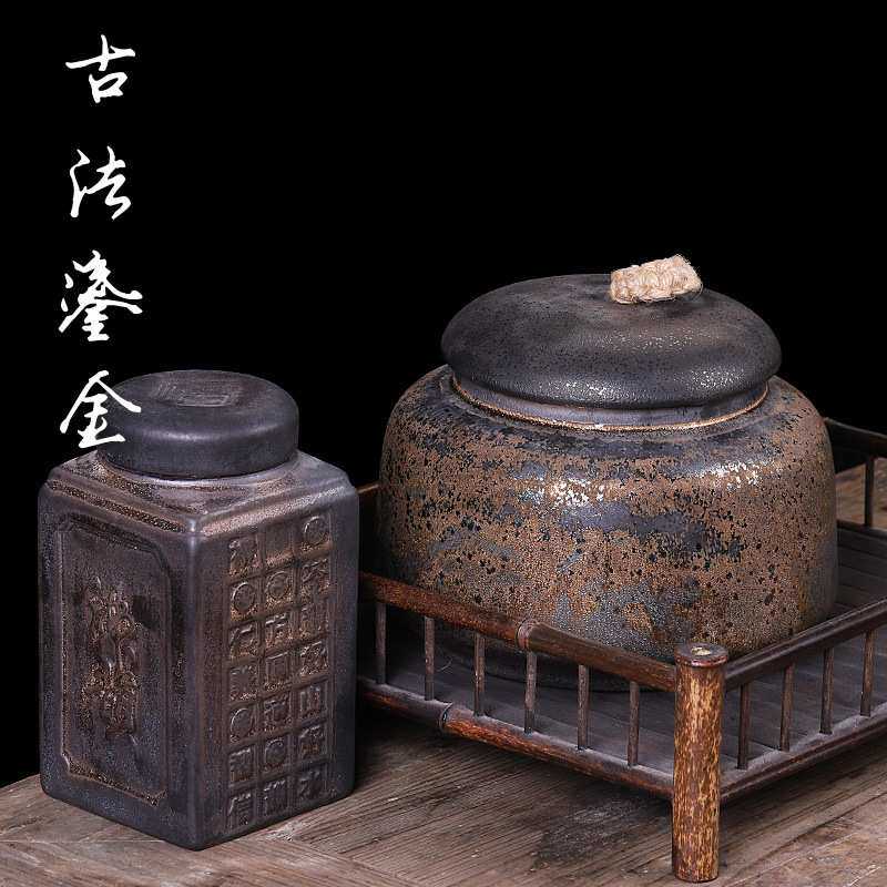 粗陶茶叶罐陶瓷密封罐子带盖家用大小号装茶叶的容器日式复古茶仓