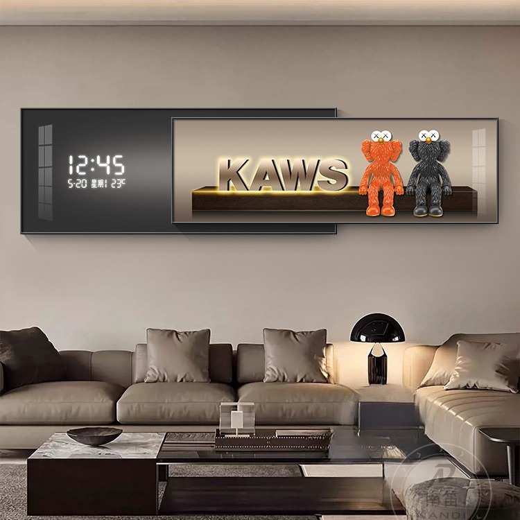KAWS客厅装饰画数显电子钟表高级大气沙发背景墙壁画卧室床头挂画