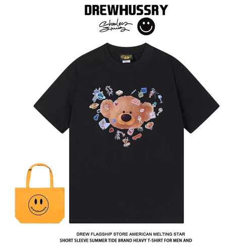 Drew美式卡通爱心小熊印花短袖T恤男女纯棉宽松小众百搭情侣装tee