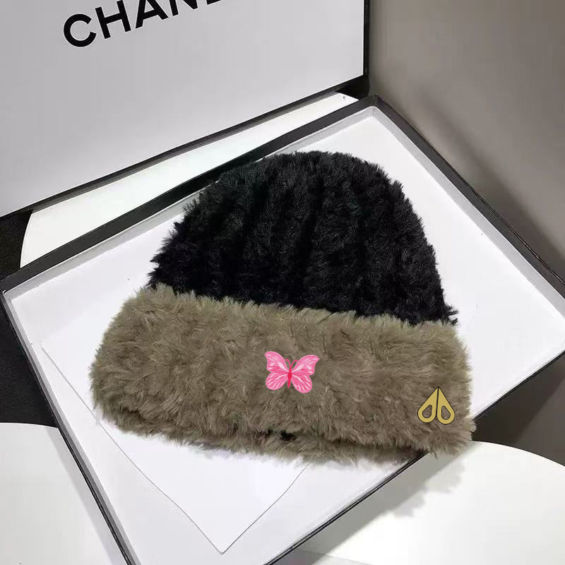 MOOSE毛绒蝴蝶图案毛线帽女秋冬保暖大头围针织帽显脸小