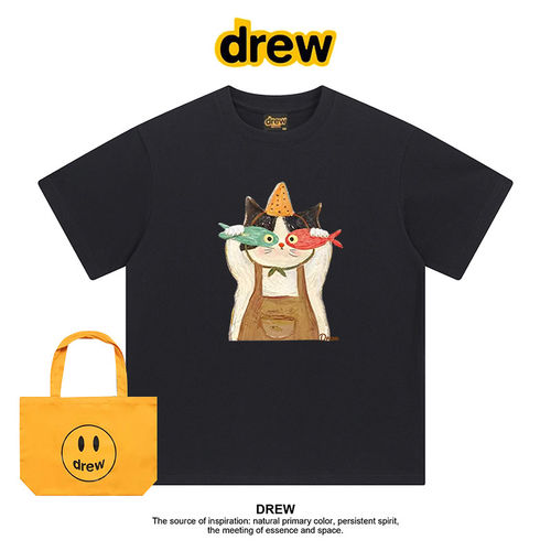 Drew美式潮牌趣味猫咪印花休闲百搭正肩短袖男女T恤休闲情侣上衣