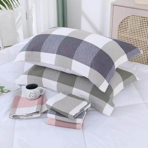 日式无印格子枕巾棉纱布水洗棉