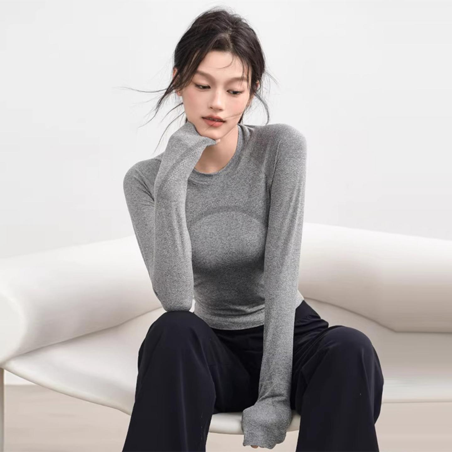 新款秋冬修身圆领运动上衣女弹力