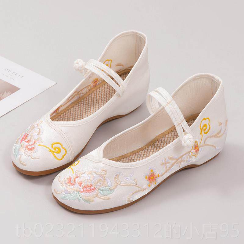 高档绣花鞋时子妈女新款搭配汉服古风增高坡跟民族风古风内布鞋尚