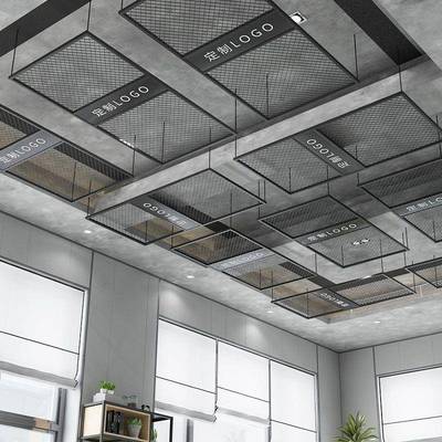 餐厅酒天花板铁屏工风业风木贝远条复古艺吊顶墙面网格展吧厅装垒