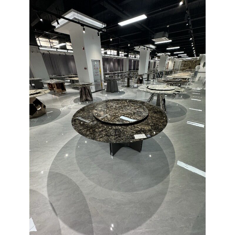 铂金钻餐台圆形餐桌椅奢石台面天然大理石高光石材家用高端饭桌子