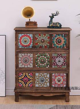 柜美式实木储物复古客厅柜多层斗置彩物柜简KXZ约绘抽屉式收纳柜