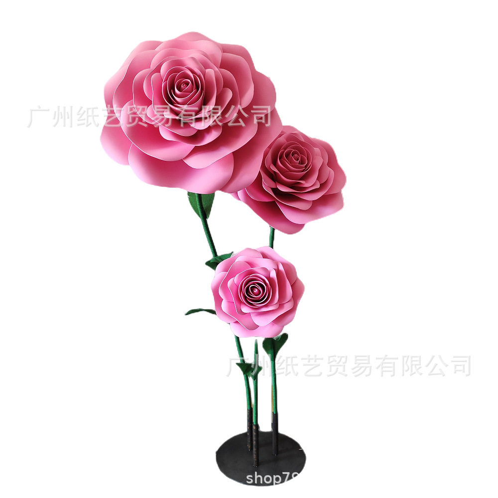 婚庆路引带杆泡沫玫瑰纸花3朵