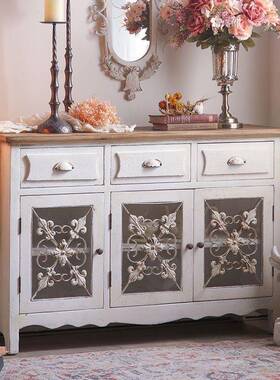 MQX式复古斗柜沙发旁储物柜客艺厅法靠墙术装木饰玻璃门白色实餐