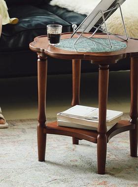 复古实木茶几家用中小户型客厅茶几沙边MSG发玻璃圆形几圆古美式