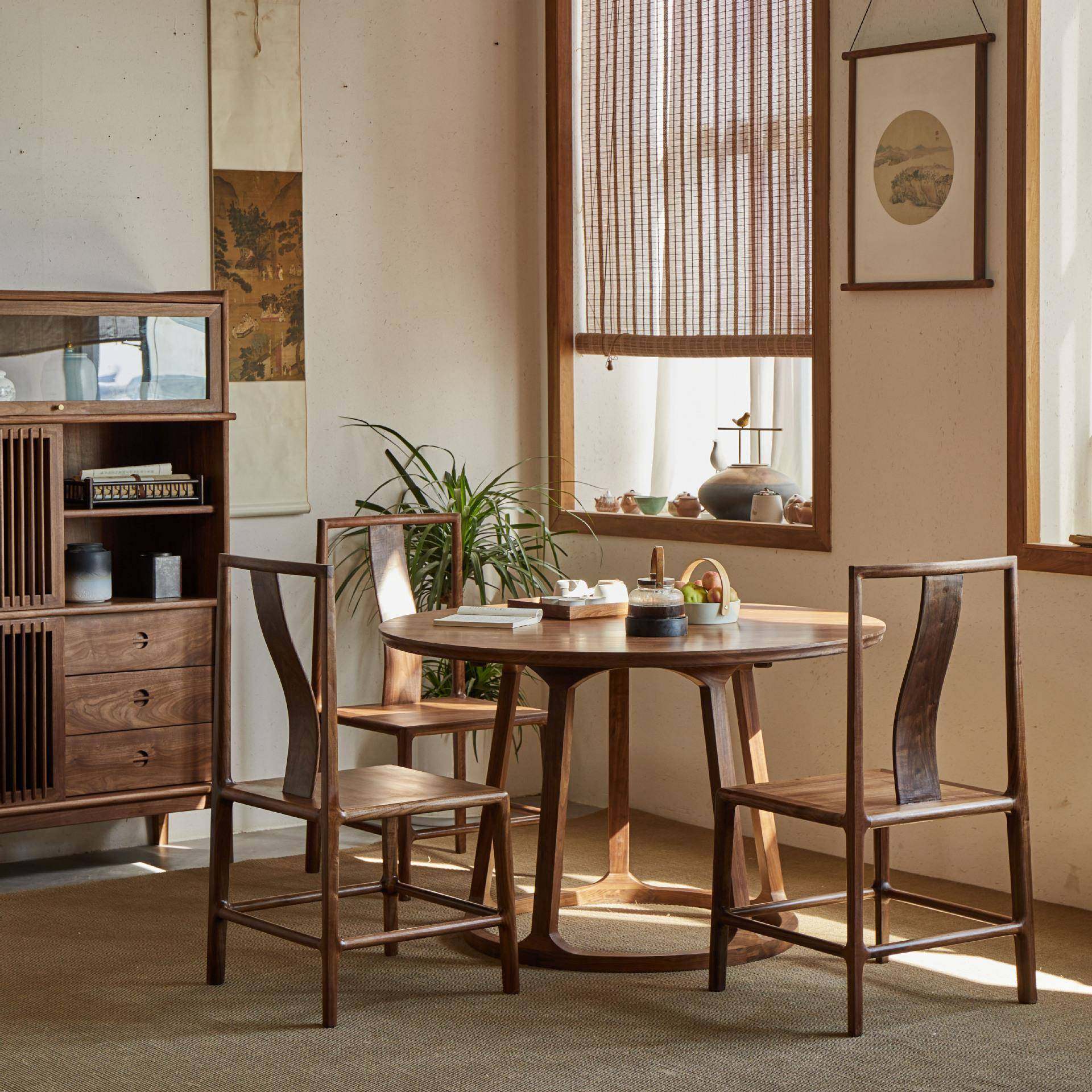 饭简木中式实新圆餐桌家用黑胡桃木圆桌带JYN-89转盘木餐台圆形桌