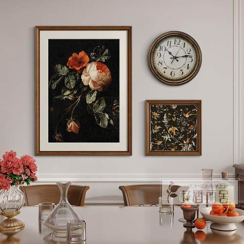 法hxls822式中古风钟餐厅表挂画组美式复古花合卉客厅柜装饰画挂