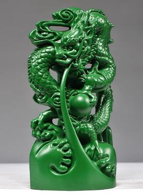 艺绿色木雕肖龙摆件木质青龙纯木头龙十二TQ-985生工装品客厅电视
