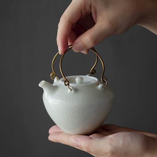 CH-00150宋湖田窑纯手工日式滤铜提梁壶过泡茶壶瓷家用陶小茶壶开