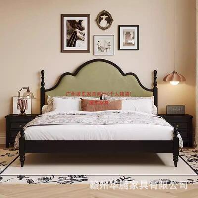 法式实复古床木1.5m软靠1人米8双床黑色中古风主端卧室87721高大