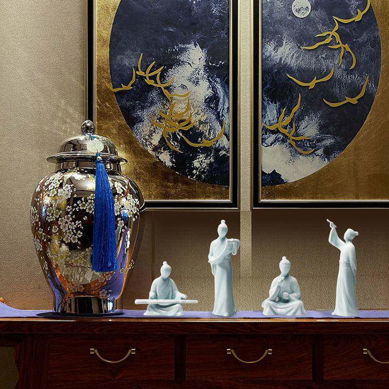 现中式琴棋代书手工陶玄瓷摆件TUN客厅家居关装饰电视柜影青摆画