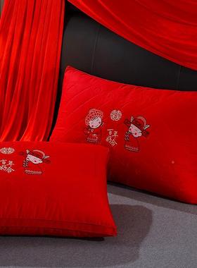 一全棉庆枕芯大红色刺35133绣枕结婚陪嫁婚喜庆枕头头对装纯棉双