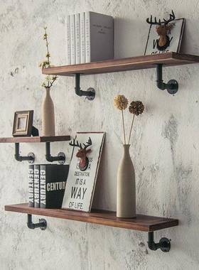 上置物架美风复古工业管道书UZQ架装式壁饰架一字实木层板搁板架