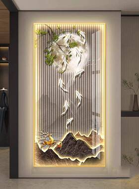 轻奢e廊14747d带灯九l鱼图入户关装饰画简玄约现代挂画走过道壁画