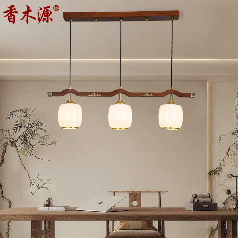 新中式餐厅吊灯全铜实木禅意茶室餐桌吧台灯三头长条饭厅灯具6338