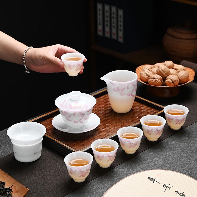 手绘荷花冰种玉瓷茶具套装中式整套礼盒装德化白瓷功夫盖碗送礼