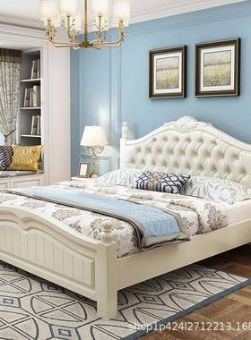 美式白单实木床现代简主约卧婚45425床1.8米双人床1.5人小户型储