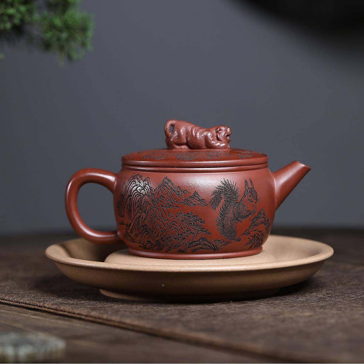 件宜兴紫砂一壶原矿优红TWH降坡手工制作质刻松鼠汉瓦高端满茶具