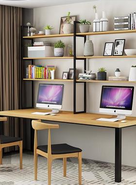 铁艺loft家实木一体书免架书桌组合用钉书房RPX靠墙双人墙办公电