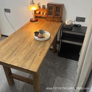 桌北方老RNW榆木茶桌中式型民宿餐桌办公会客板桌家用小餐风化木