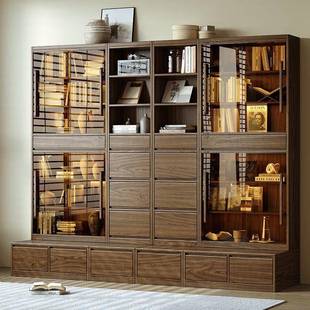 实木书柜座满墙带玻组合展示柜璃一体柜69整墙卡书能柜客厅功储物