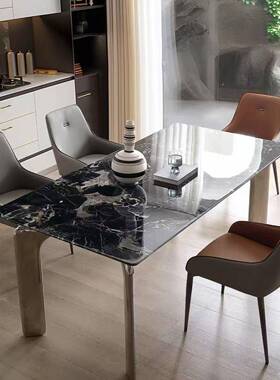 形天然大理餐桌高端进口黑玫瑰长方桌意饭式极简石82041奢石餐桌