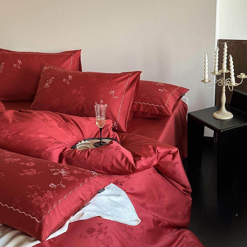 A类6被0支纯棉婚庆四件套全棉色提CGI花大红套单喜被新婚嫁房床被