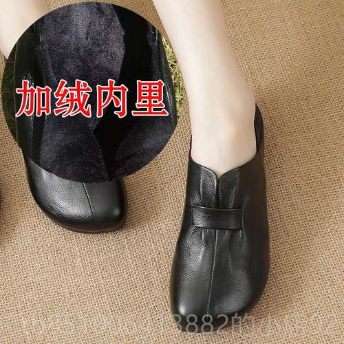 高档秋冬款名族风复古皮原创鞋真软底皮鞋加绒女两穿低软跟皮妈妈