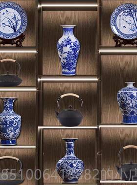 正品新中店茶室博古架置物架茶柜装饰摆件仿古青瓷花瓶式茶花壶酒