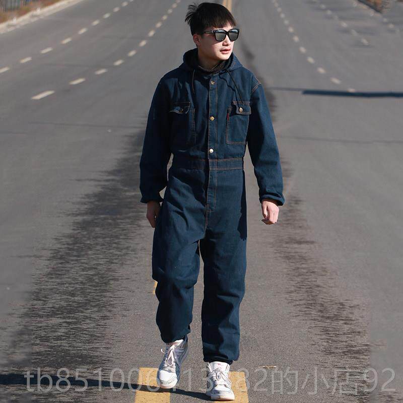 正品牛仔反光条连体工作服套装漆男工作喷蒸汽机焊维修防尘工服长
