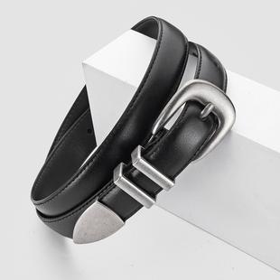 头层皮带女真皮百搭装 牛皮腰带女潮流韩国黑 饰马蹄扣显瘦配牛仔裤